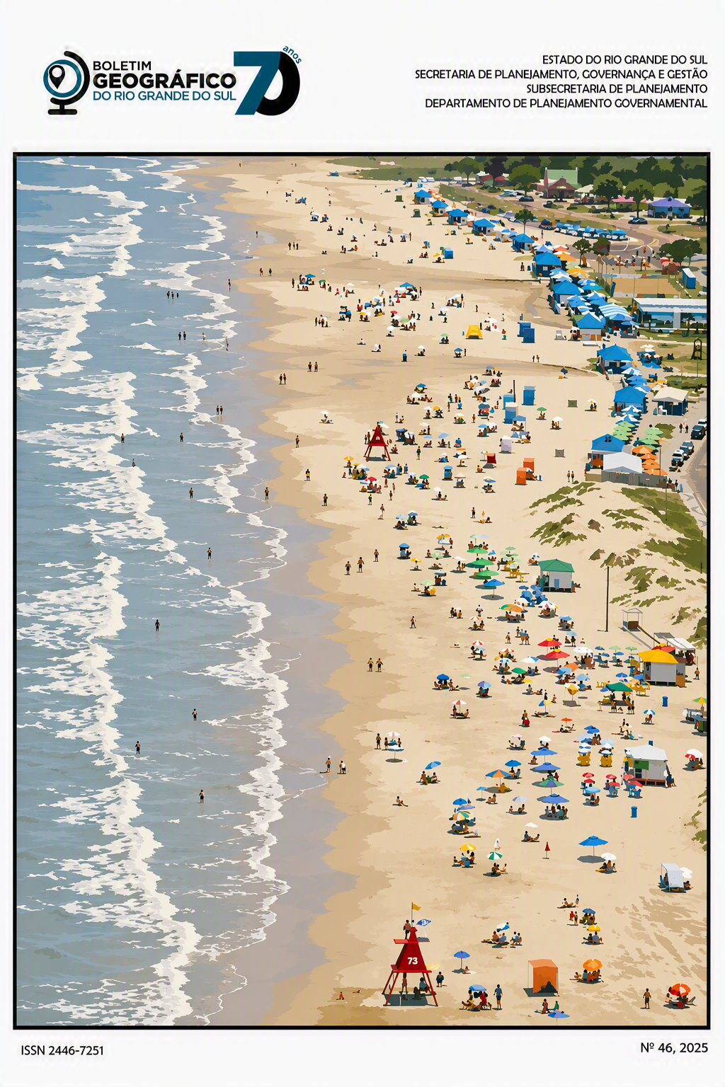 Imagem de capa do Boletim Geográfico do Rio Grande do Sul. A capa da edição nº 46, do ano de 2025, apresenta uma imagem estilizada, em formato de pintura, adaptada de uma fotografia de uma praia, a partir de uma fotografia aérea oblíqua